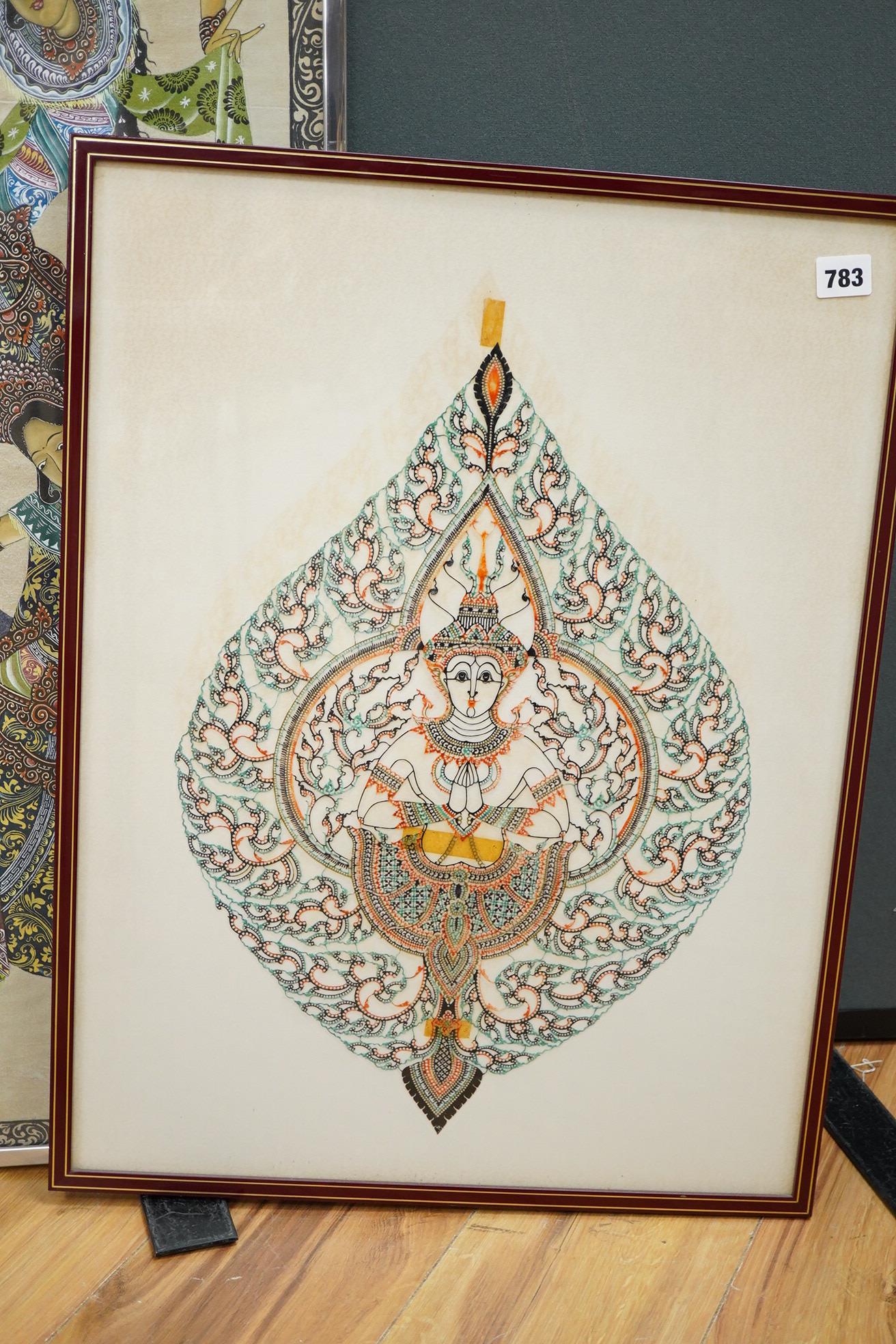 Two highly decorative coloured Thai cut-out pictures and three Thai paintings on fabric of Thai Dancers, largest 82 x 28cm